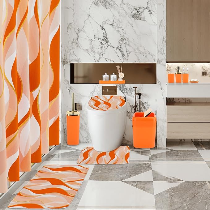 XLHOMO Bathroom Set - Orange and Gold Bathroom Accessories, Bathroom Sets with Shower Curtain and Rugs, Orange Shower Curtain Set with Bathroom Trash Can, Soap Dispenser, Soap Dish for Home Decor