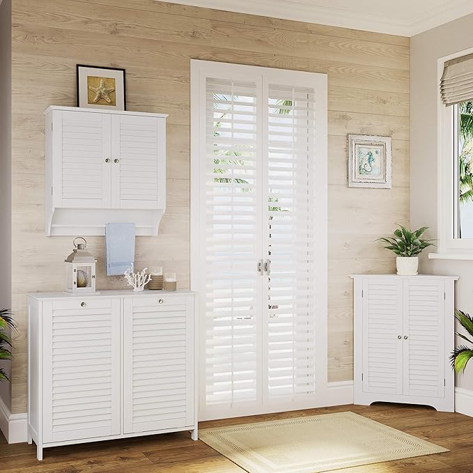 RiverRidge Ellsworth Double Tilt-Out Laundry Hamper Cabinet - Laundry Room Storage Cabinet with Removable Cloth Bag and Shutter Style Doors