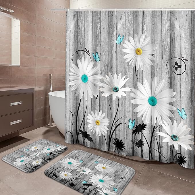 ArtSocket Flower Daisy Bathroom Set with Shower Curtain and Bath Rugs and Accessories,Gray Wooden Boards Non-Slip Shower Curtain Set,Bathroom Decor 3 Pcs