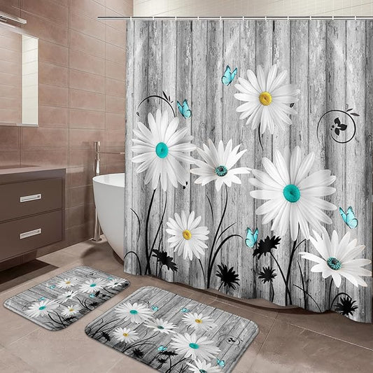 ArtSocket Flower Daisy Bathroom Set with Shower Curtain and Bath Rugs and Accessories,Gray Wooden Boards Non-Slip Shower Curtain Set,Bathroom Decor 3 Pcs