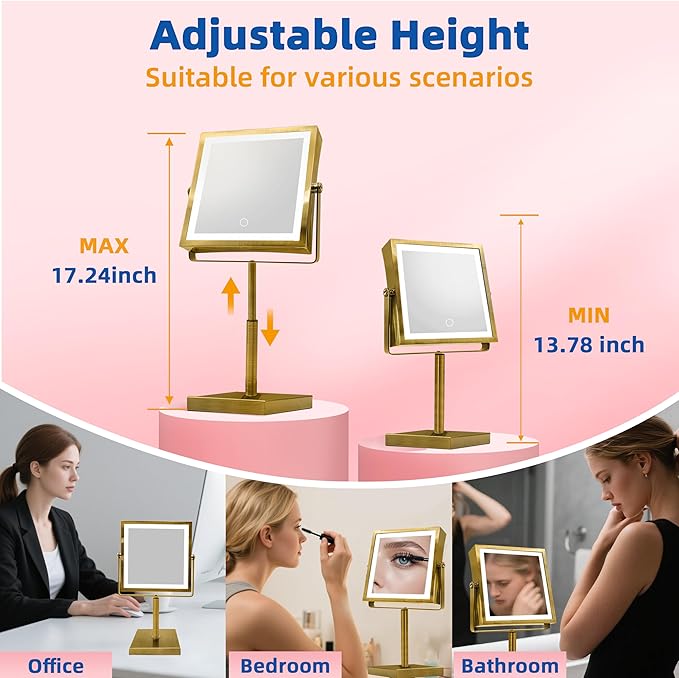 Ruacq Makeup Mirror with Lights, 4000mAh Rechargeable Magnifying Mirror with Light, 1X/10X, Height Adjustable Bathroom Vanity Mirror, 3 Colors, Adjustable Brightness (Antique Brass)