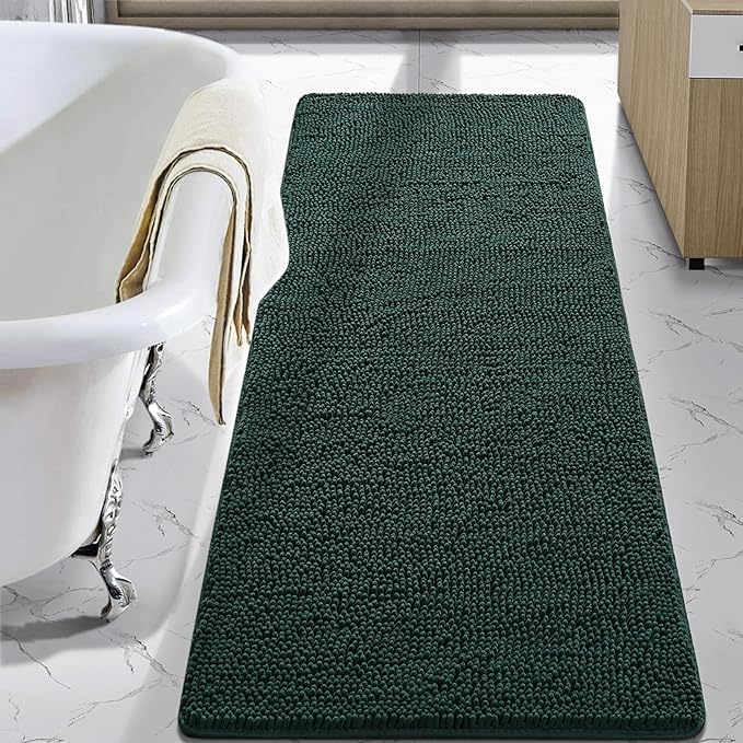 LOCHAS Luxury Bathroom Rug Shaggy Bath Mat 24 x 70 Inch, Washable Non Slip Bath Rugs for Bathroom Shower, Soft Plush Chenille Absorbent Carpets Mats, Hunter Green