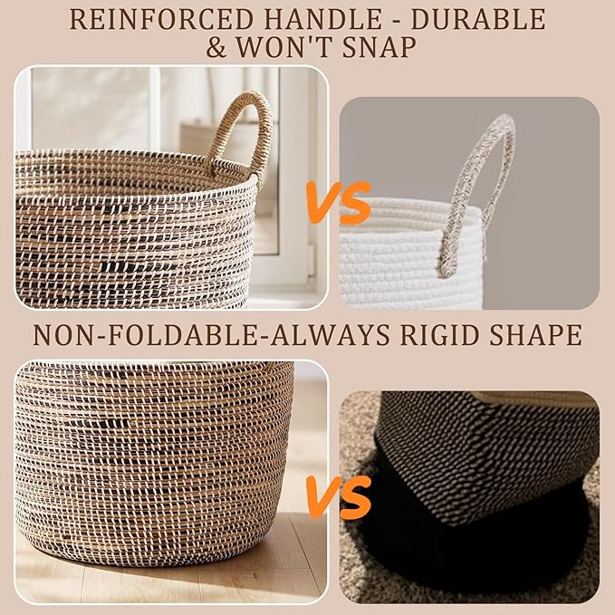 Laundry Hamper, Wicker Laundry Baskets with Handles, Storage Baskets, Woven Basket Decorative Baskets for Shelves, Basket for Gifts, Closet, Pantry, and Home Organization, Set of 3, Multi-Size