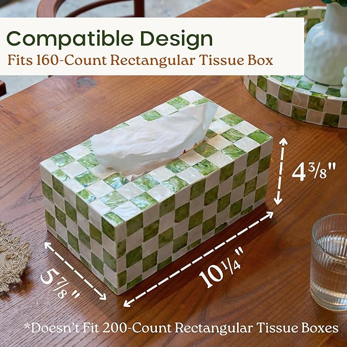 CHI AN HOME Rectangle Checkered Tissue Box Cover Handmade with Capiz Shells, Decorative Tissue Box Holder for Living Room, Bathroom or Kitchen Counter (Pistachio Green)