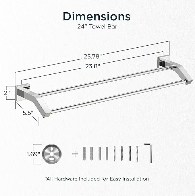 FORIOUS Double Towel Bar, 24 Inch Dual Towel Racks for Bathroom Wall Mounted, Thicken SUS304 Stainless Steel Bath Square Towel Rod Towel Holder Rail, Chrome