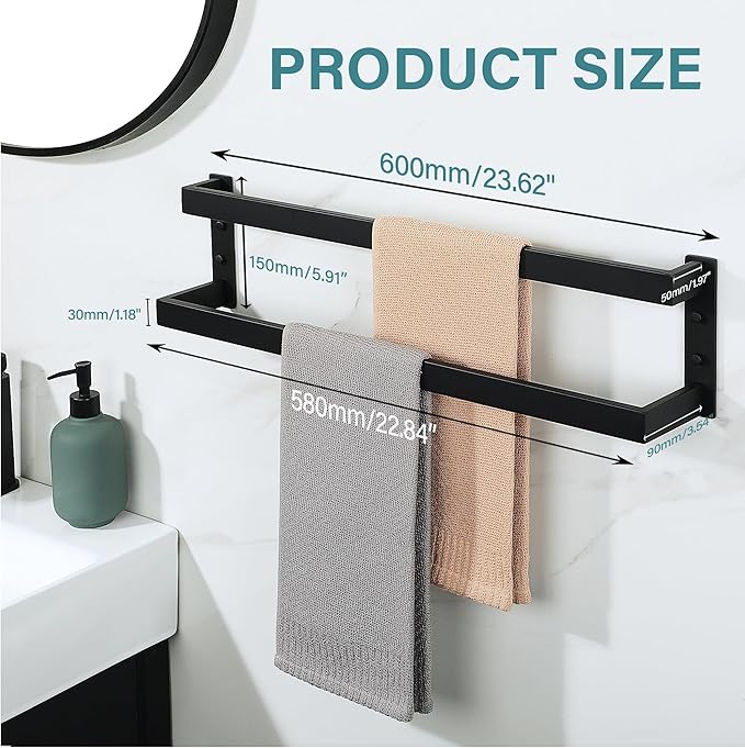 Alise Double Towel Bar, 24" Towel Racks for Bathroom Wall Mounted SUS304 Stainless Steel, Heavy Duty Bathroom Towel Holder, Quick Drying Towel Hanger, Matte Black