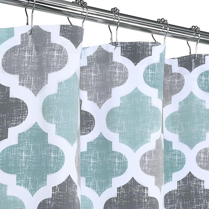 CAROMIO Fabric Shower Curtain 84 Inch Long, Geometric Quatrefoil Pattern Poly-Cotton Farmhouse Shower Curtain Extra Long, Aqua/Mint/Grey, 72x84 Inches