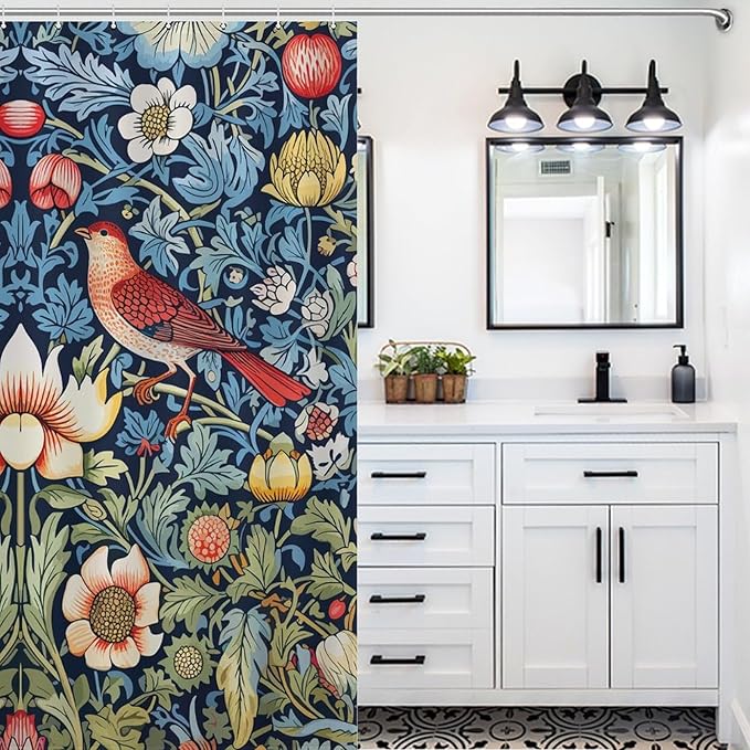 William Morris Shower Curtain,Original Design Vintage Flower Birds Elegant Animal Pattern Print Shower Curtains Sets Polyester Waterproof Fabric Decor Bathroom Curtain 72"×78" Inch With 12 Hooks