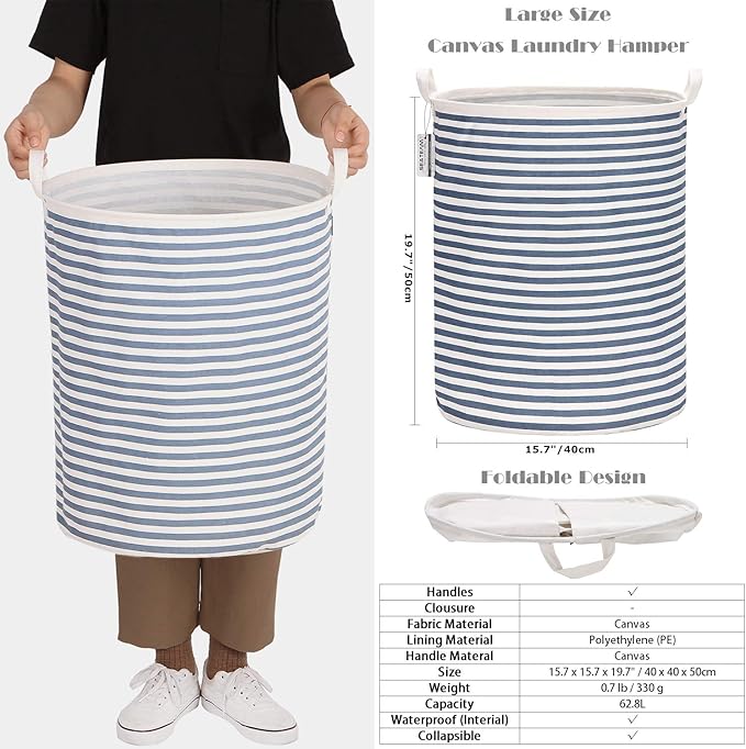 Sea Team 2-Pack 19.7 Inches Large Sized Waterproof Coating Ramie Cotton Fabric Folding Laundry Hamper Bucket Cylindric Burlap Canvas Storage Basket (19.7", Navy Blue & White Stripe)