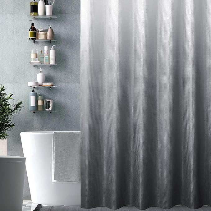 Gibelle Grey Shower Curtain, Waffle Weave Textured Ombre Shower Curtain for Bathroom, Gray Gradual Fabric Shower Curtain Set with Hooks, Water Repellent and Machine Washable, 72 x 72