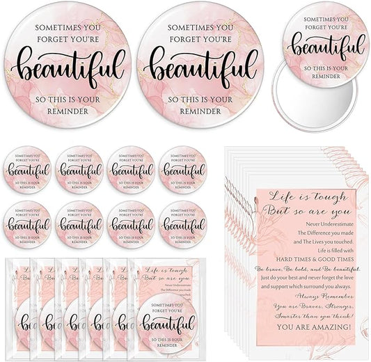 Cinnvoice 50 Sets Pink Inspirational Mini Compact Mirror Bulk for Women Small Portable Round Purse Mirrors Employee Appreciation Gift for Graduation Party Favors Coworker Nurse (Beautiful)