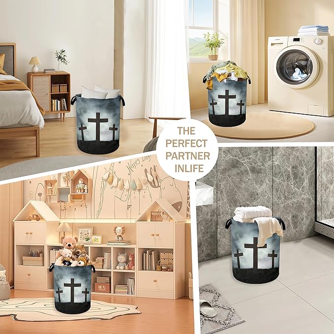 Three Wood Crosses Laundry Hamper,Easter Collapsible Laundry Baskets,Waterproof Oxford Cloth Laundry Room Organization for Bedroom,Bathroom,Nursery,16x20 Inch