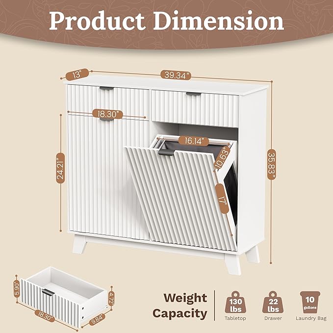 Double Tilt Out Laundry Hamper Cabinet, 20 Gallon Wooden Trash Can Cabinet with Storage Drawers, Hidden Fluted Garbage Can Holder for Kitchen, Living Room (White, 39.34" W x 35.83" H x 13" D)