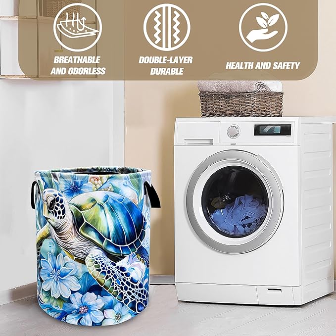 Turtle Laundry Basket Sea Turtle Foldable Oxford Cloth Funny Tote Bag Laundry Hamper Clothes Storage Bucket Toy Organizer For Bathroom/Laundry Storage/Bedroom 18.9x16.5 Inch Gift