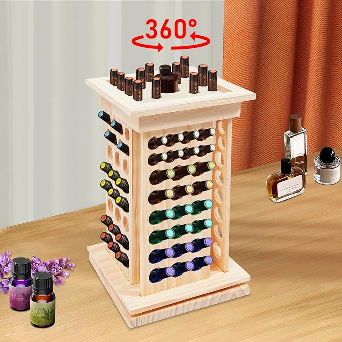 125 Slots Essential Oil Storage Shelf Wood Rotating Essential Oil Bottle Display Rack Wooden Farmhouse Style Essential Oil Stand Holder with Base for Aromatherapy Bottles Organization, Wood Color