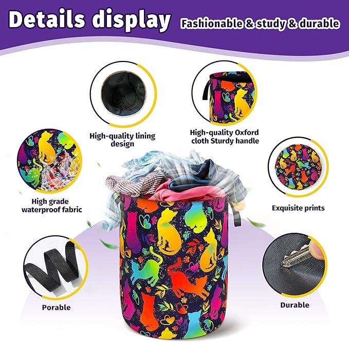 Cute Colorful Cat Laundry Basket Foldable Oxford Cloth With Handle Portable Neon Storage Basket Organizer Suitable For Laundry Room/Bedroom/Living Room/Children'S Room (18.9 X 16.5 Inch)