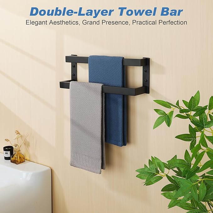 Alise Double Towel Bar, 16" Towel Racks for Bathroom Wall Mounted, SUS304 Stainless Steel Bathroom Towel Holder, Modern Quick Drying Towel Hanger, Matte Black