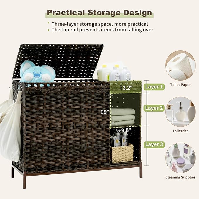 Gitelsnour Laundry Hamper with Lid, 130L(34.4 Gal) Rattan Laundry Hamper 3 Section with 50L (13.2 Gal) Storage Shelf, Wicker Woven Laundry Sorter Basket with 4 Liner Bags and Handles, Brown GLH003BR
