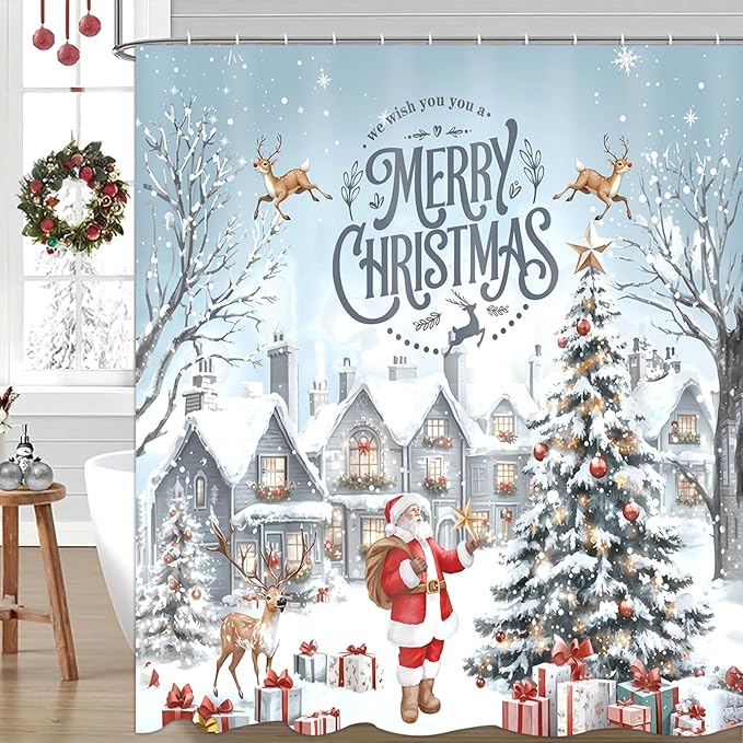 Christmas Shower Curtain，Santa Claus Castle Reindeer Shower Curtain，Winter Pattern Holoday Shower Bathroom Decor For Bathroom ，72x72 Inch Waterproof Polyester Insulated Home Decor Set，With Hooks