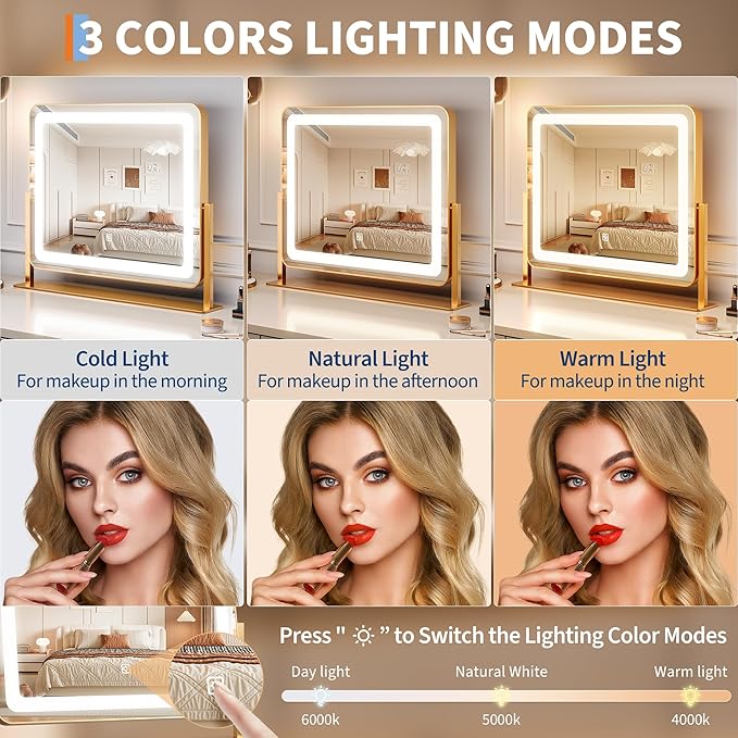 19.6 in x15.7 in Vanity Mirror with Lights, Large Lighted Mirror, LED Makeup Mirror with 3-Color Dimmable Modes and Smart Touch Control, Perfect for Desk or Bedroom, Vanity Desk Tabletop Makeup, Gold
