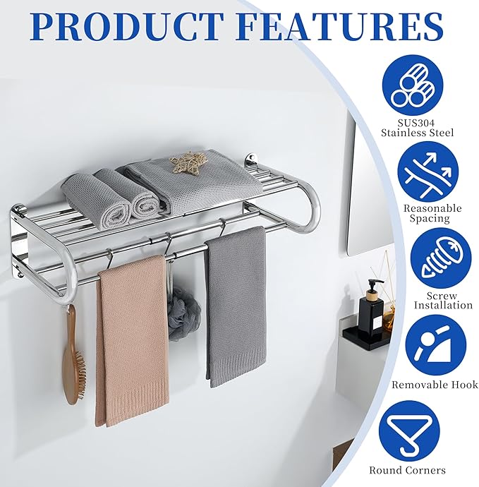 Alise Adjustable 16-28 Inches Double Towel Rack for Bathroom,Wall Mount Double Towel Racks,SUS304 Stainless Steel Towel Holder,Retractable Towel Shelf with 2 Towel Bars 4 Movable Hooks,Chrome