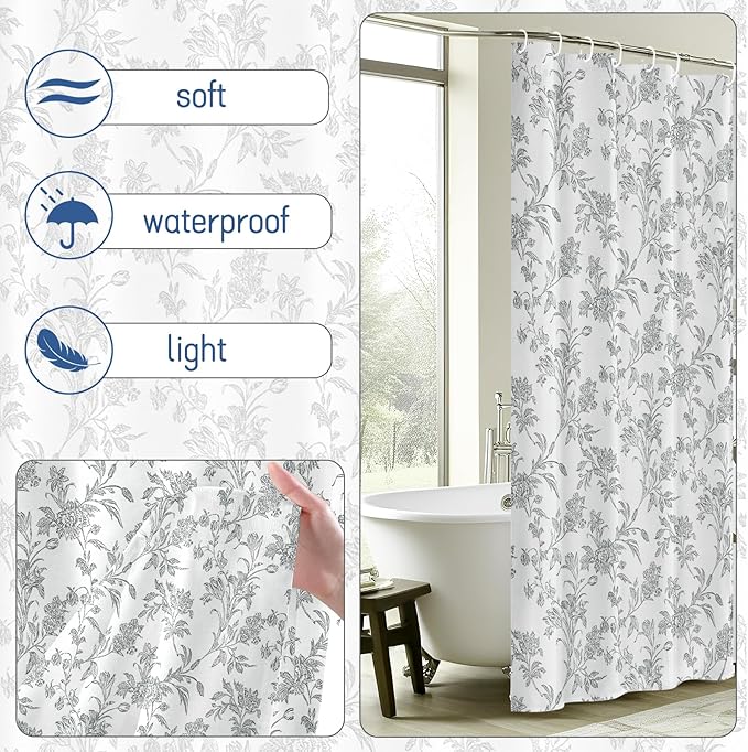 Seorsok Grey Shower Curtain,Sage Cotton Floral Cottagecore,Elegant Floral Fabric Shower Curtain Machine Washable Waterproof Bathroom Decor 60'Wx72'L inches