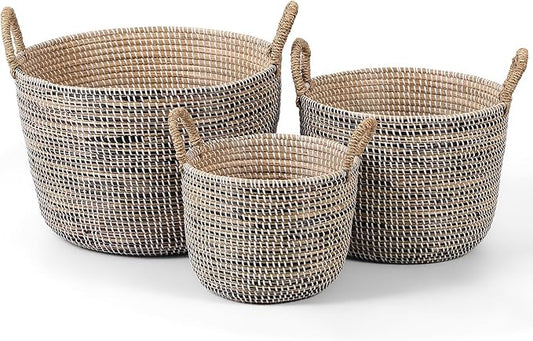Laundry Hamper, Wicker Laundry Baskets with Handles, Storage Baskets, Woven Basket Decorative Baskets for Shelves, Basket for Gifts, Closet, Pantry, and Home Organization, Set of 3, Multi-Size
