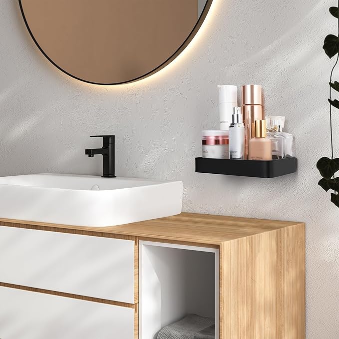 Z metnal Small Glass Bathroom Shelves, Matte Black Floating Shelf, Mini Wall Shelf Organizer, Wall Mounted (Clear Glass, 10 inch/25cm), 1 pcs