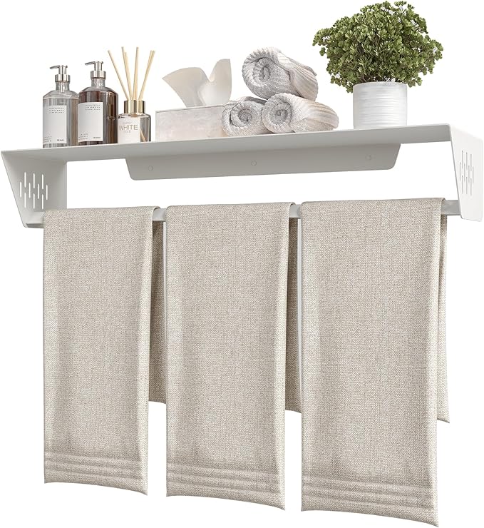 Qeke Bathroom Lavatory Towel Rack, Wall Mount Towel Holder Towel Hanger Shelf with Towel Bar, SUS 304 Stainless Steel Towel Rack for Bathroom and Lavatory, Matte White, 24 Inch