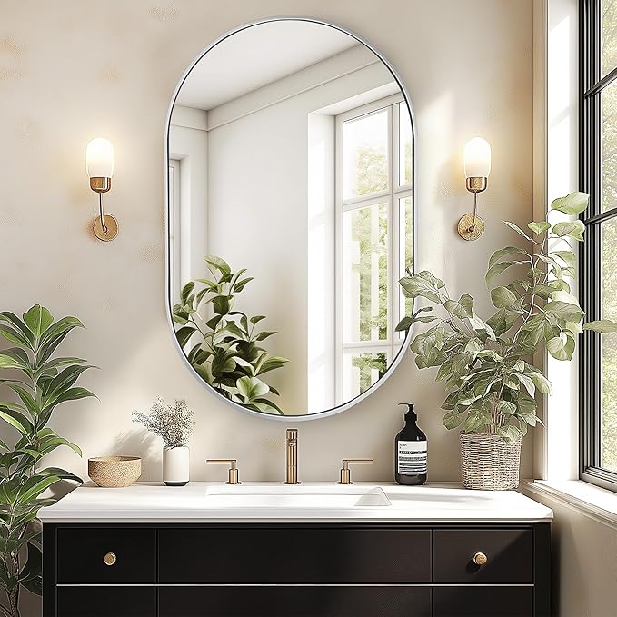 SogesHome Medicine Cabinet with 24x36 Oval Mirror, Wall Mount Bathroom Vanity with Storage, 2 Shelves, Perfect for Bathroom, Silver