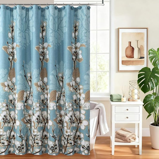 Blue Brown Floral Shower Curtain for Bathroom, Vintage Hanakotoba Flower Fabric Shower Curtains, Waterproof Botanical Shower Curtain, Retro Plant Print Bathroom Curtains, 72" W X 72" H