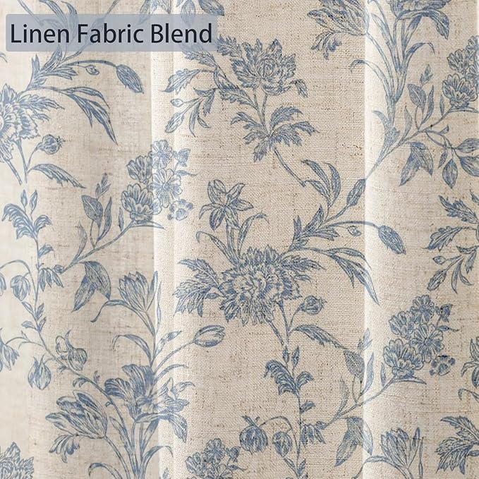 Extra Long Blue Shower Curtain Floral Cotton Linen Cottagecore Shower Curtain for Bathroom 84" L x 72" W