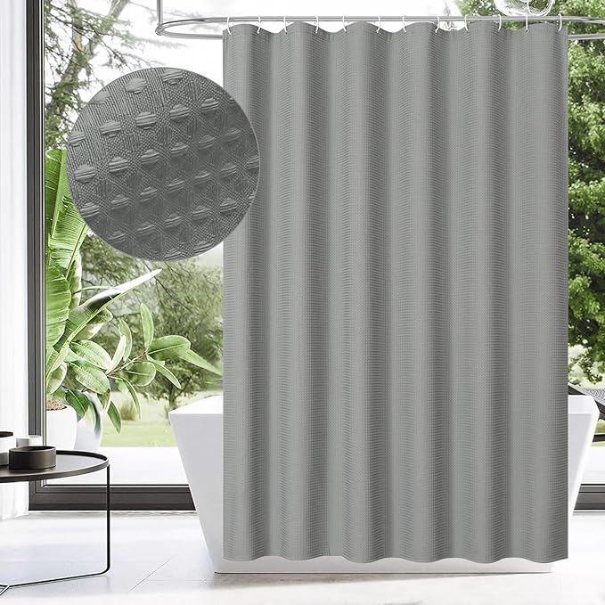 MitoVilla Extra Long Waffle Shower Curtain 72 x 84, Grey Farmhouse Fabric 84 inch Shower Curtain, XL Shower Curtains for Bathroom Decor, Luxury Weighted Shower Curtain 84 inch