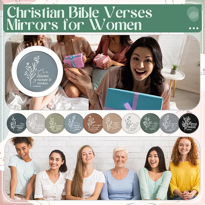 GlikCeil 80 Pcs Christian Compact Mirrors Bulk for Women Inspirational Bible Verse Pocket Mirror Mini Purse Makeup Mirror Christian Church Gift for Mother's Day Mom Church Party Favor (Spanish Bible)