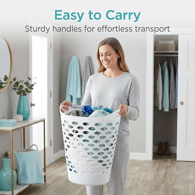 3 Pack Round Tall Plastic Laundry Basket with Handles, Lightweight & Flexible, 2.2 Bushels Large Capacity, Easy to Clean, Space Saving Laundry Hamper for Bedroom, Dorm, Bathroom, White