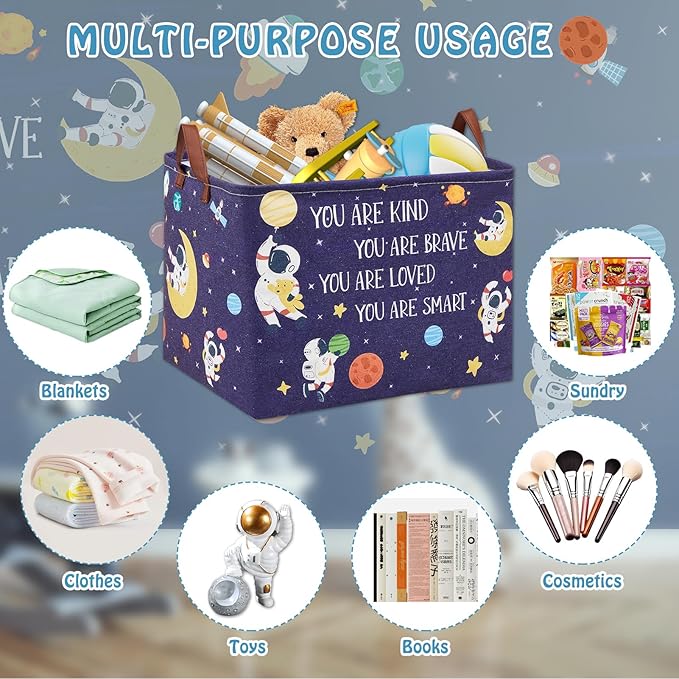 Space Room Decor Kid Storage Box,Boys Astronaut Planets Stars Organizer Toy Box Bin, Galaxy Spaceman Outer Space Blue Laundry Hamper for Baby Bedroom Classroom Nursery