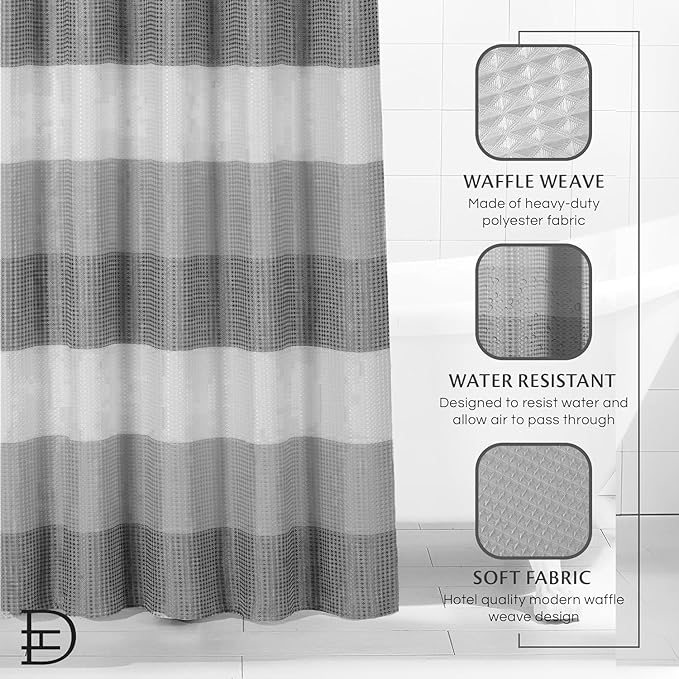Dainty Home Ombre Waffle Weave Shower Curtain 70 x 72 Grey Textured Fabric Shower Curtain, Hotel Style Waffle Weave Bathroom Curtain, Water Resistant Polyester Ombre Shower Curtain