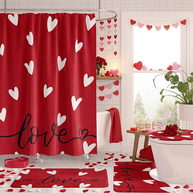 FUTBU Valentines Day Shower Curtain Set for Bathroom, Red Love Heart Shape Red Bathroom Supplies for Valentines Accessories Decor Set, Non Slip Rugs Toilet Lid Cover U Shape Bath Mat and 12 Hooks