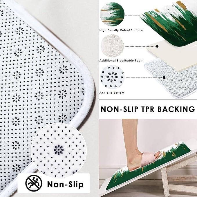 Green Gold White Shower Curtain Set with Toilet Lid Cover and Non-Slip Rugs for Bathroom, Modern Oil Painting Abstract 4 Pcs Shower Curtain, Bathroom Set with 12 Hooks