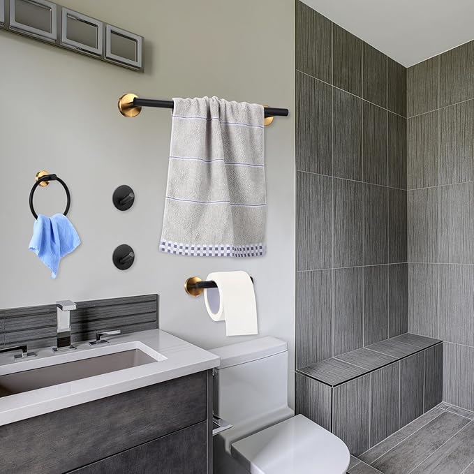 10 Pcs Matte Bathroom Hardware Set SUS304 Bathroom Hanger Set 16 Inch Hand Towel Bar Towel Holder Toilet Paper Holder Angled Hook 2 Robe Towel Hooks Wall Mounted Accessory(Black, Gold)