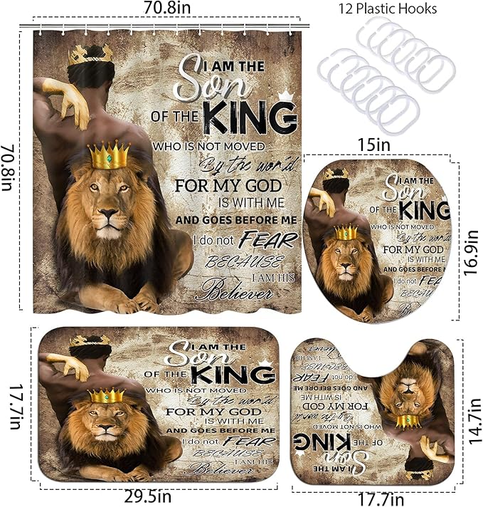 4Pcs Lion King Shower Curtain Set, Inspirational Black Man Bathroom Decor Shower Curtains and Rugs Toilet Lid Cover Bath Mat, Waterproof Africa American Halloween Shower Curtain for Man