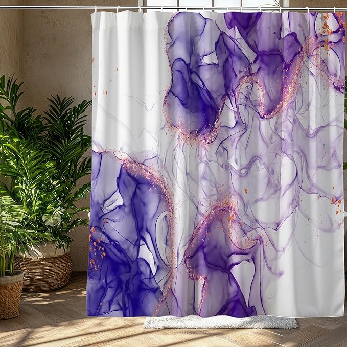 Purple Shower Curtain Marble Abstract White Ink Art Painting Modern Lavender Fabric Shower Curtains for Bathroom Decor 72x72 Inch