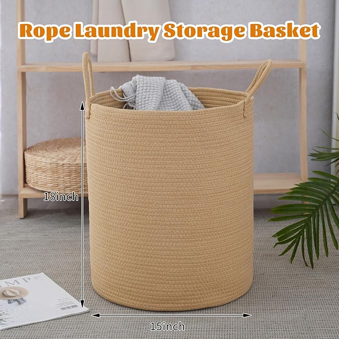 Woven Basket Nursery Laundry Hamper with Handles, Clothes Storage Organizer, Woven Basket for Boy Room Decor, Toy & Blanket Storage Bin, 15x15x18 Inch,Oatmeal,1pc