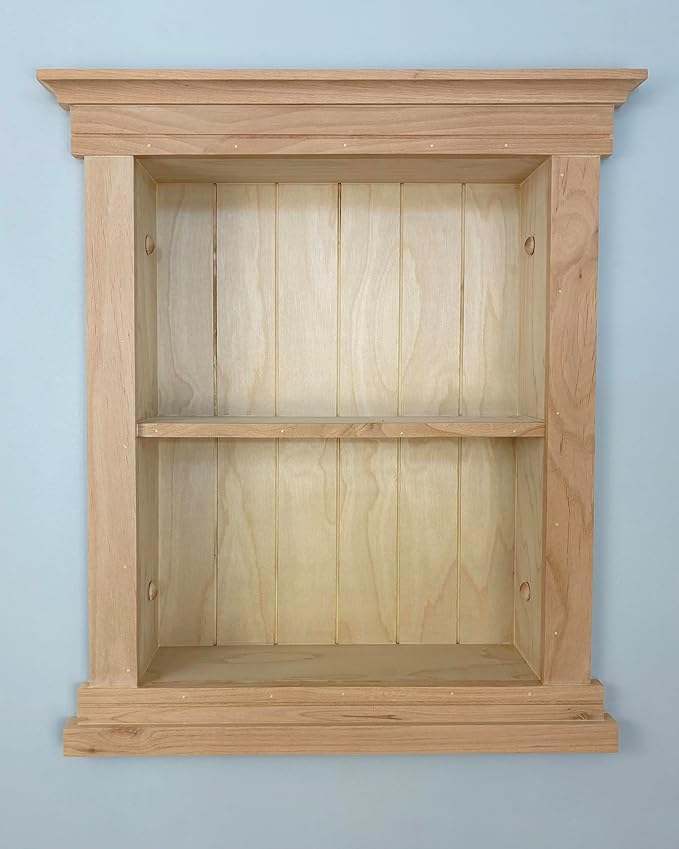 Fox Hollow Furnishings 14x18 Elliot Craftsman Recessed Wood Wall Niche, Open Medicine Cabinet Replacement, in Wall Bathroom Cabinet Insert Shelves, Made in North America, NO MDF, Beadboard, Unfinished