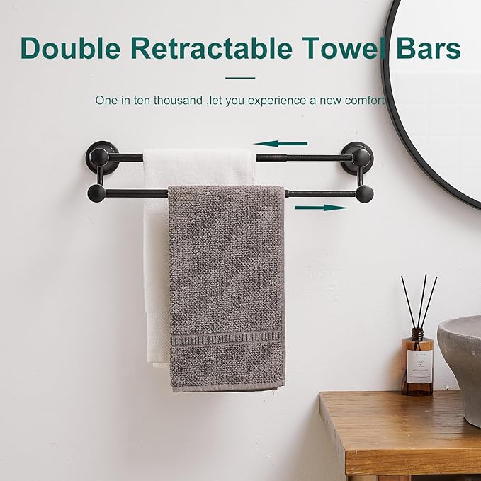 Hoimpro Adjustable Retractable 15-27 Inches Stainless Steel Bathroom Towel Bar, Bathroom Accessories Bath Hotel Double Towel Bar Rod Hanger Wall Mounted Towel Holder Towel Rack, Oil Rubbed Bronze