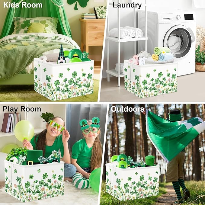 Clastyle Floral Saint Patrick's Day Storage Basket Shamrock Clover Clothes Book Toy Shelf Basket Kid Room Decor Gift Storage Bin Organizer,Four Leaf Clover,40x30x30 cm