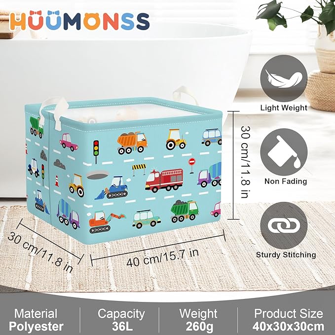 Cars Laundry Hamper Cartoon Vehicle Large Storage Basket Collapsible Parents Organizer Boy Toy Clothes Bins for Bedroom, Bathroom, Fire Engine, 36L