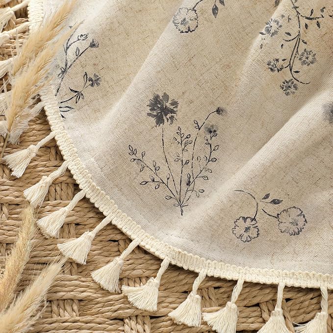 Black Floral Vintage Linen Shower Curtain, French Country Shower Curtains for Bathroom with Tassels, 72Wx72H