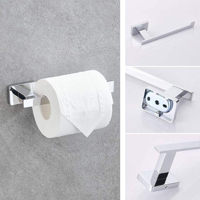 GERUIKE 4 Piece Bathroom Hardware Accessories Set,Chrome Stainless Steel Towel Bar Sets Wall Mounted - Includes 16" Towel Bar, Square Towel Ring, Toilet Paper Holder, Robe Towel Hook