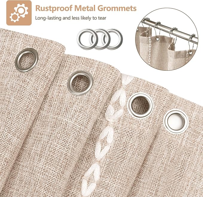 Boho Farmhouse Linen Shower Curtain with Tassels, Tan Brown Heavyweight Soft Fabric Shower Curtain Striped, 72 x 72 Inch Taupe Water Repellent Rustic Country Bathroom Curtain Wrinkle-Free